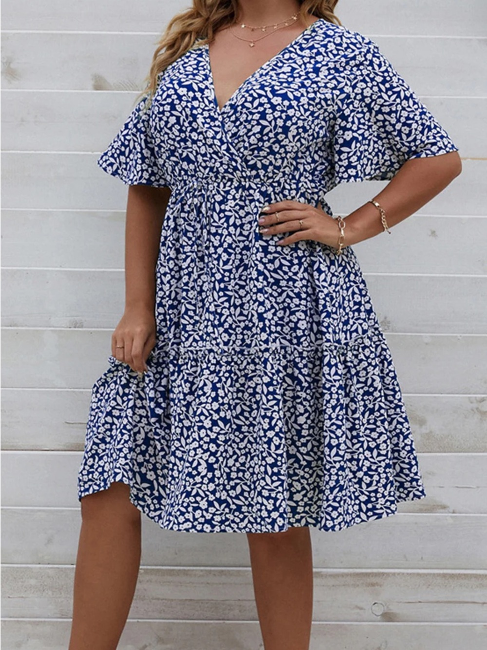 SHEIN Blue & White Floral Wrap Midi Dress